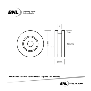 BNL W10B12SC 55mm Square Cut Delrin Wheel with 12mm ID Bearing Specifications