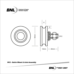 BNL W12 50mm Delrin Wheel and Axle Assembly Specifications
