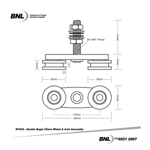 BNL W1655 Double Bogie Wheel and Axle Assembly with 55mm Wheel Specifications