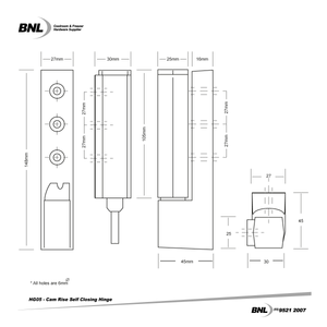 BNL HG05 Cam Rise Self Closing Edgemount Hinge Specifications