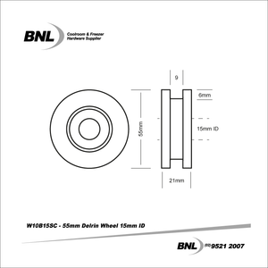 BNL W10B15SC 55mm Square Cut Delrin Wheel with 15mm ID Bearing Specifications