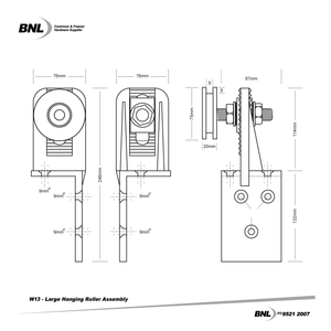 BNL W13L Left Large Hanging Roller Assembly Specifications