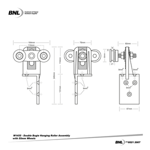 BNL W1455L Left Double Bogie Hanging Wheel Assembly with 55mm Wheel Specifications